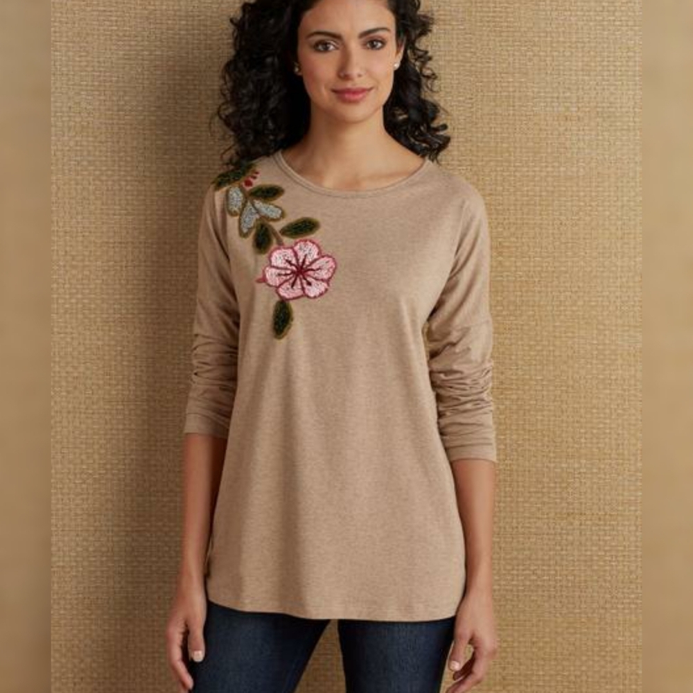 Soft Surroundings Tan Floral Patch Shirt Blouse L